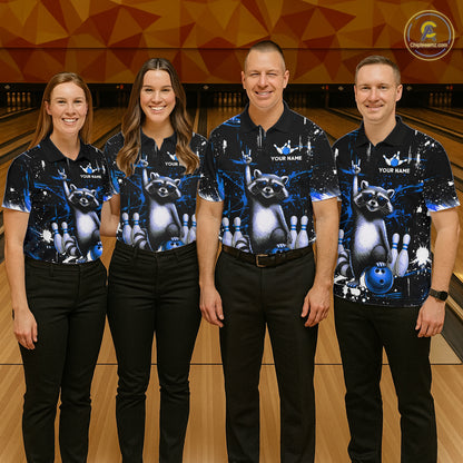 Custom Blue Funny Raccoon Bowling Shirt for Women Bowling Jersey Polo & 1/4-Zip Bowling Outfit QZT892