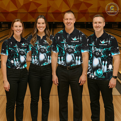 Custom Turquoise Funny Raccoon Bowling Shirt for Women Bowling Jersey Polo & 1/4-Zip Bowling Outfit QZT892