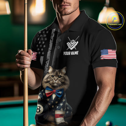 Custom American Flag Funny Cat Billiard Shirt for Men 8 Ball Pool Shirt Polo & 1/4 Zip Billiard Jersey BHT20