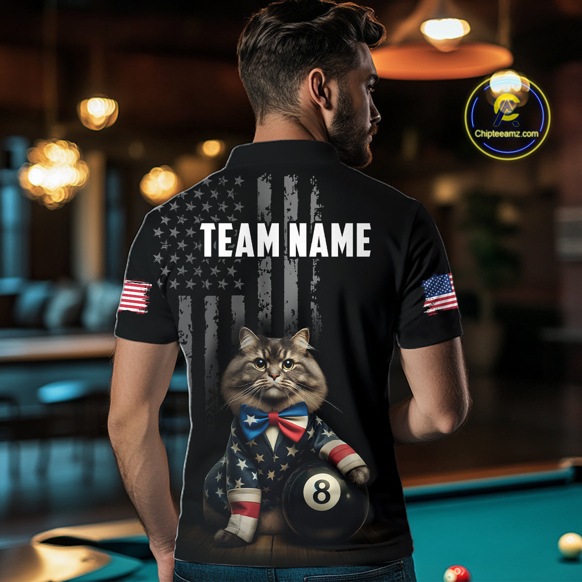 Custom American Flag Funny Cat Billiard Shirt for Men 8 Ball Pool Shirt Polo & 1/4 Zip Billiard Jersey BHT20