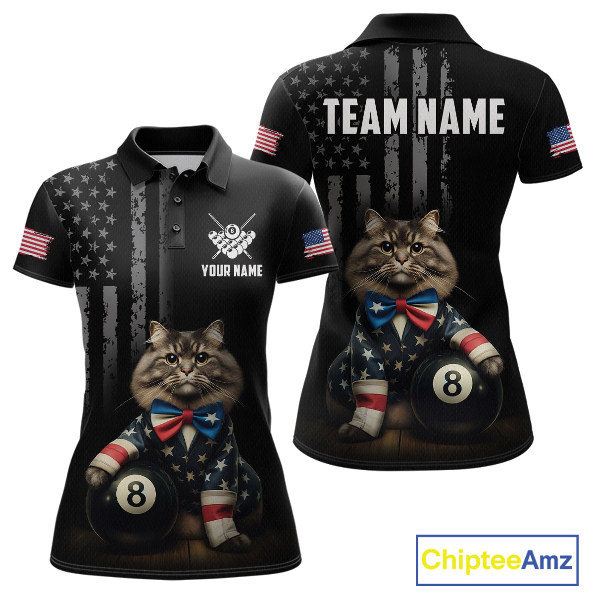 Custom American Flag Funny Cat Billiard Shirt for Women 8 Ball Pool Shirt Polo & 1/4 Zip Billiard Jersey BHT20