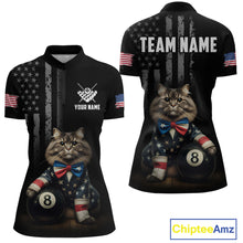 Load image into Gallery viewer, Custom American Flag Funny Cat Billiard Shirt for Women 8 Ball Pool Shirt Polo &amp; 1/4 Zip Billiard Jersey BHT20