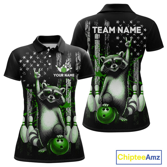 Two views of american flag polo shirt with raccoon design and customizable text on a white background