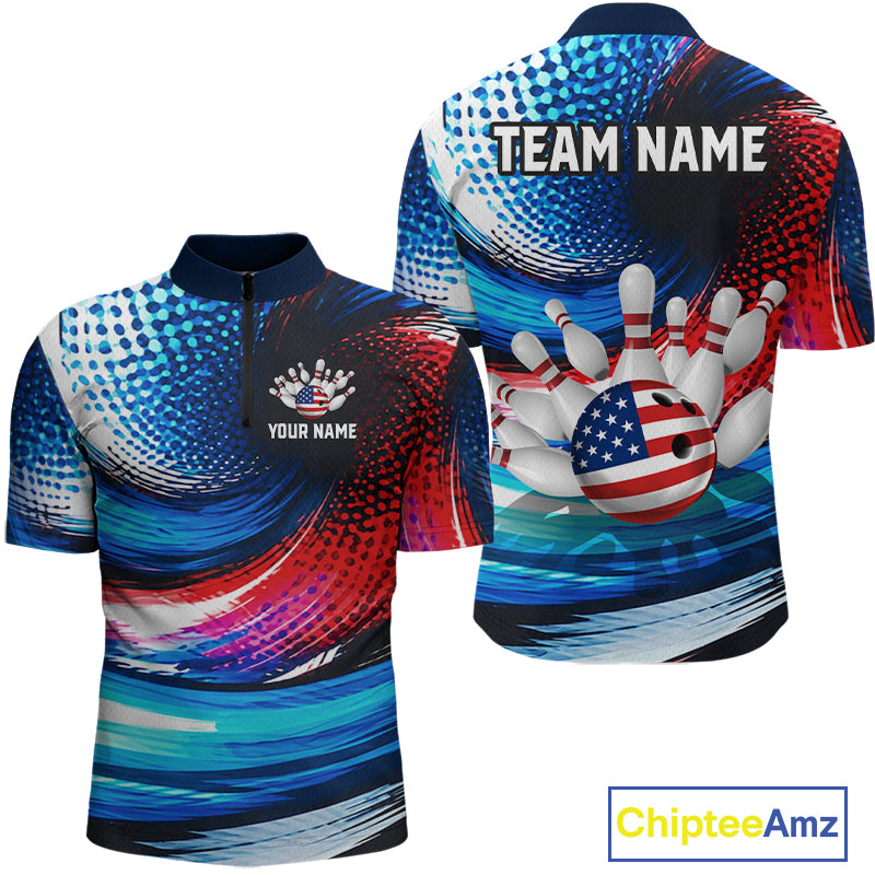 Custom bowling-themed short-sleeve quarter-zip shirt shown from the front and back on a white background. The shirt features a patriotic red, white, and blue abstract design with bowling pins and a bowling ball graphic decorated with the American flag.
