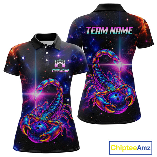 Custom short-sleeve polo shirt shown from the front and back on a white background. The shirt features a vibrant, all-over cosmic print with a large glowing scorpion graphic on a black starry space background, with customizable text areas reading 'TEAM NAME' and 'YOUR NAME'.