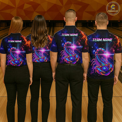 Four people standing with their backs to the camera in a bowling alley, wearing matching black short-sleeve shirts with a vivid cosmic scorpion graphic and the text 'TEAM NAME' printed across the back.