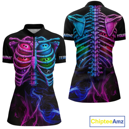 Front and back views of a women's short-sleeve polo shirt on a white background, featuring a black base with a large neon skeleton rib cage graphic in pink, purple, blue, and green, plus customizable text placeholders on the sleeves.