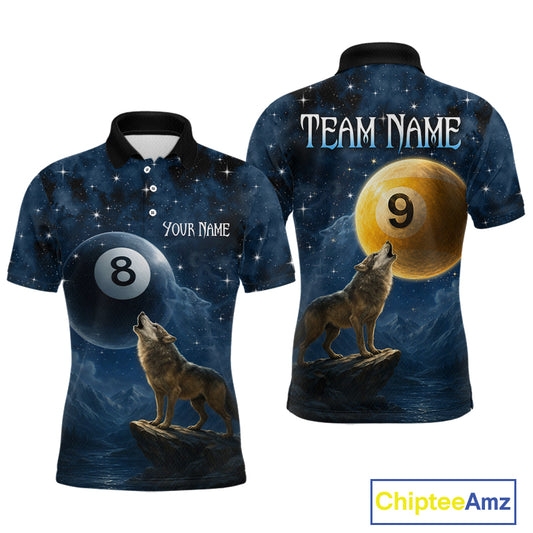 Two views of polo shirts with wolf and pool ball designs, one with 'Your Name' and 'Team Name' text, the other with a 9-ball design, on a white background.