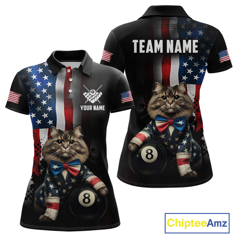 Front and back views of a black short-sleeve polo shirt featuring a printed American flag design with a cat wearing a bow tie and holding a pool ball, plus customizable text areas on the chest and back.