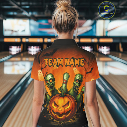 Person wearing a Halloween-themed shirt with 'TEAM NAME' at a bowling alley.