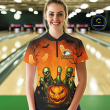 Load image into Gallery viewer, Person wearing a Halloween-themed bowling shirt in a bowling alley.