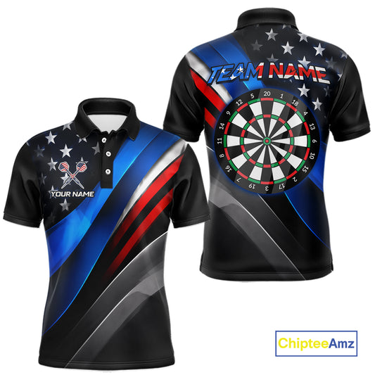 Front and back view of a custom dart polo shirt featuring a patriotic dartboard graphic with red, blue, and silver diagonal stripes, personalized team name and player name.