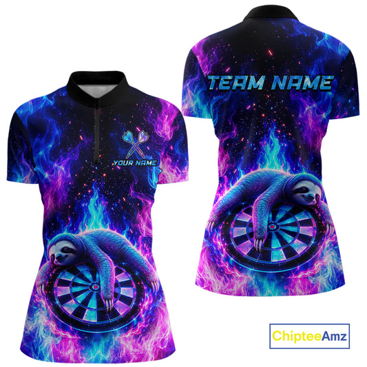 Front and back views of a short-sleeve quarter-zip jersey featuring a cosmic nebula design in purple, blue, and pink, with a sloth curled around a dartboard and customizable text areas on the chest and back.