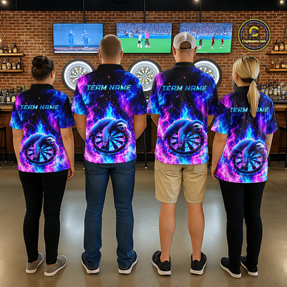 Back view of four people wearing matching custom galaxy dart polo shirts with personalized team names and neon sloths holding dartboards with glowing blue and purple cosmic artwork in a professional dart room.
