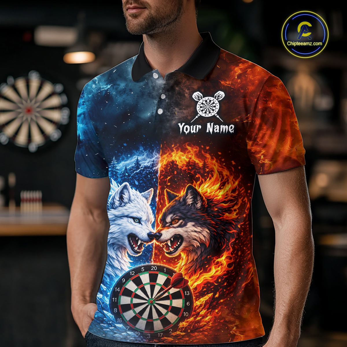 Man wearing a custom fire and ice wolf dart polo shirt featuring a fierce wolf, a flaming dartboard, and blue icy flames in a professional dart room.