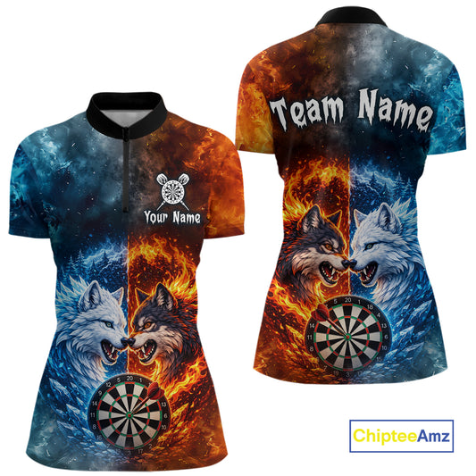 Front and back view of a custom fire and ice wolf dart quarter zip featuring a fierce wolf, a flaming dartboard, and blue icy flames, personalized team name and player name.