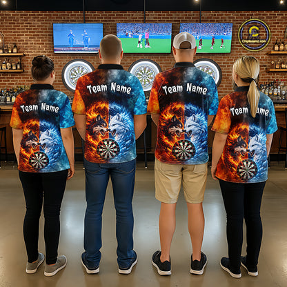 Back view of four people wearing matching custom fire and ice wolf dart polo shirts with personalized team names and fierce wolves, flaming dartboards, and blue icy flames in a professional dart room