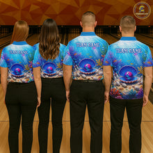 Load image into Gallery viewer, Four people wearing matching blue bowling shirts with ocean-themed designs and 'Team Name' text on a bowling alley.
