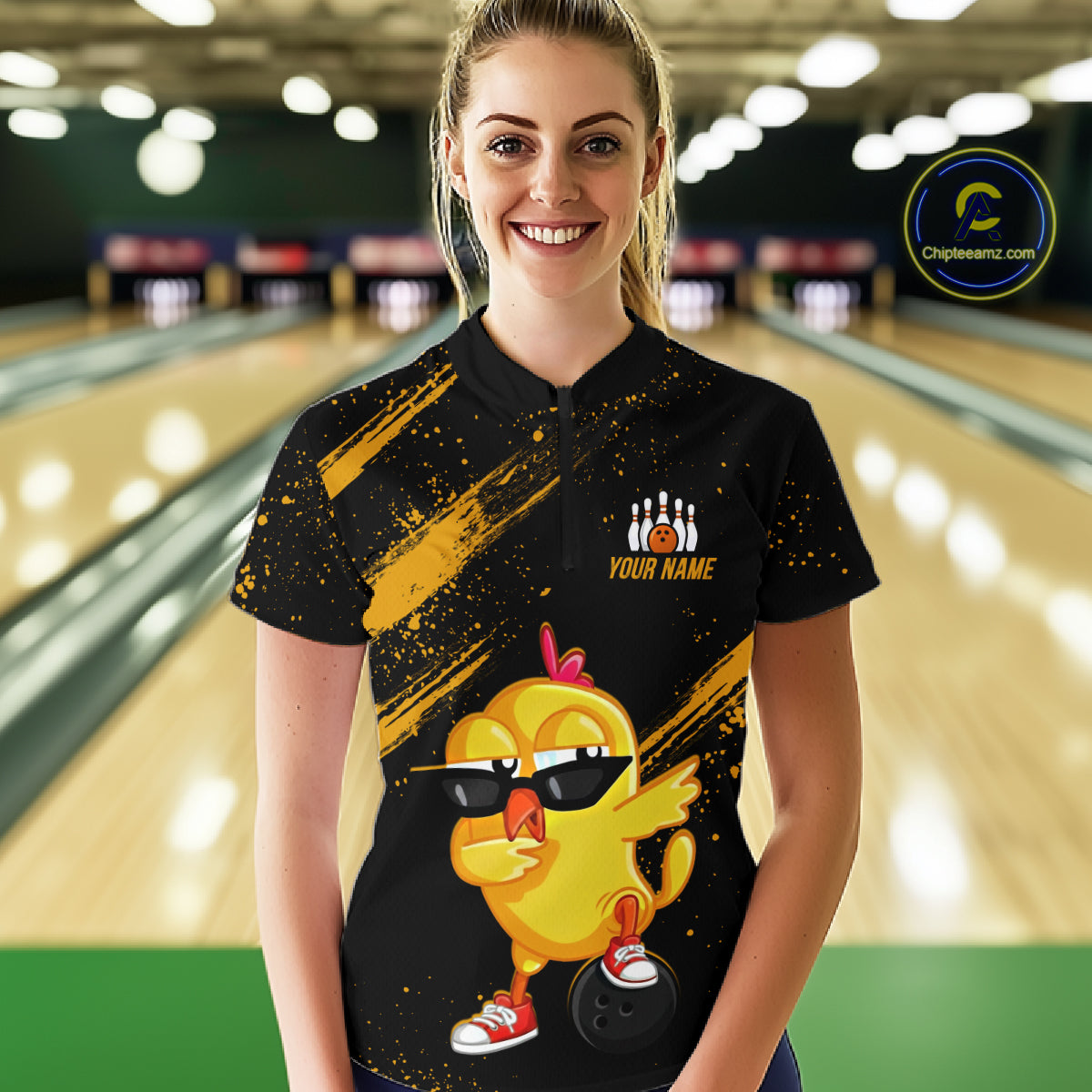 Funny Yellow Chicken Bowling Shirt Custom Polo & 1/4-Zip Bowling League Jersey for Women QZT856
