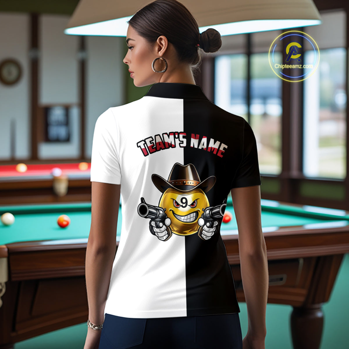 Custom American Flag Funny 8 Ball Pool Billiard Shirts for Women Billiard League Jersey Polo & 1/4 Zip BHT1