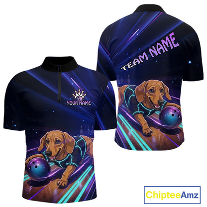 Neon Funny Dachshund Bowling Shirt Custom Bowling Team Jersey for Men Polo & Quarter-Zip Bowling Outfit QZT940