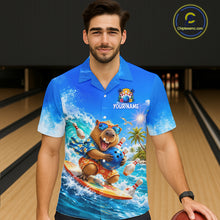 Load image into Gallery viewer, Man wearing a blue shirt with a bear surfing design in a bowling alley.