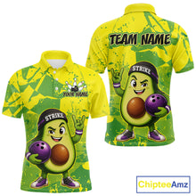 Load image into Gallery viewer, Colorful bowling shirt with avocado character design and customizable text on a white background