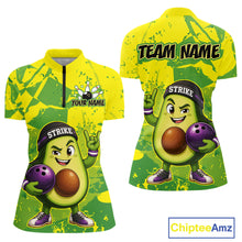 Load image into Gallery viewer, Avocado-themed bowling jersey with character design and customizable text on a white background