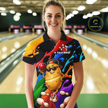 Load image into Gallery viewer, Person wearing a colorful bowling shirt with a cartoon potato design in a bowling alley.