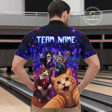 Load image into Gallery viewer, Person wearing a shirt with cartoon cats and 'Team Name' text in a bowling alley.
