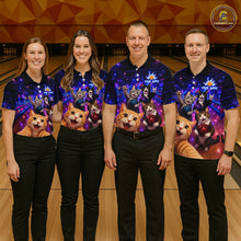 Load image into Gallery viewer, Four people wearing matching bowling shirts with cat designs on a bowling alley.