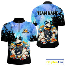 Load image into Gallery viewer, Colorful bowling-themed shirt with cartoon duck design on a white background