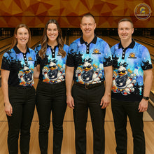 Load image into Gallery viewer, Four people wearing matching bowling shirts with a cartoon penguin design on a bowling alley.