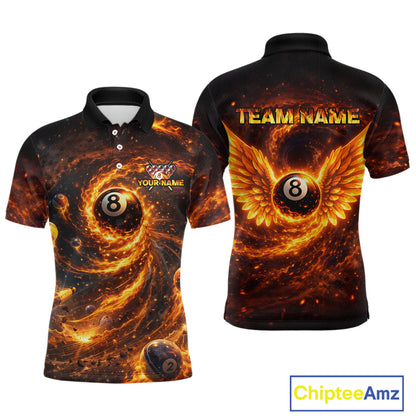 Orange Flame Billiard Shirt for Men Custom Wings 8 Ball Billiard Jersey Polo & 1/4 Zip Billiard Outfit BHT9