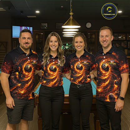 Orange Flame Billiard Shirt for Women Custom Wings 8 Ball Billiard Jersey Polo & 1/4 Zip Billiard Outfit BHT9