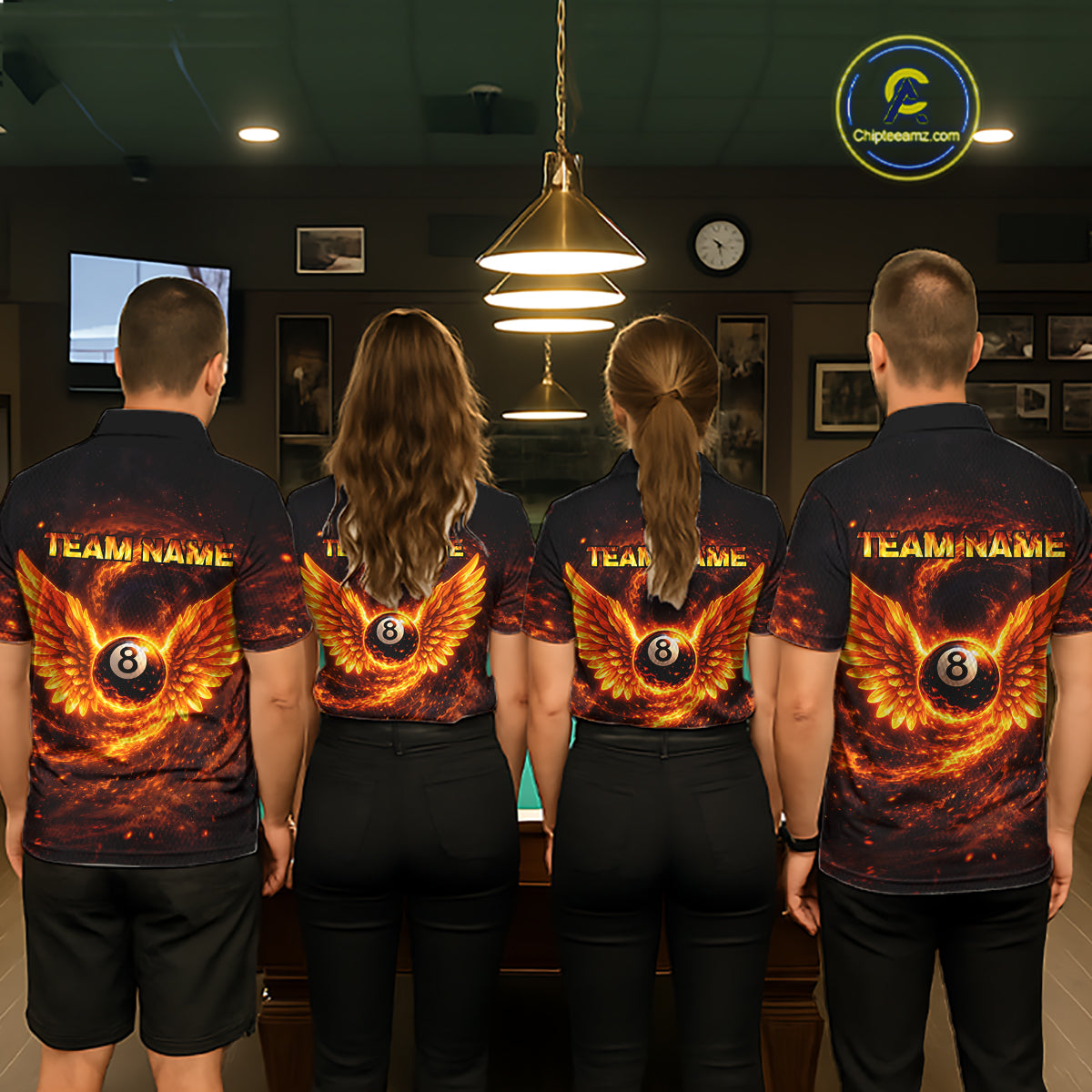 Orange Flame Billiard Shirt for Women Custom Wings 8 Ball Billiard Jersey Polo & 1/4 Zip Billiard Outfit BHT9