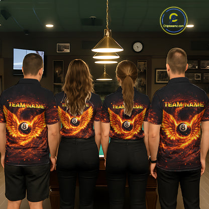 Orange Flame Billiard Shirt for Women Custom Wings 8 Ball Billiard Jersey Polo & 1/4 Zip Billiard Outfit BHT9