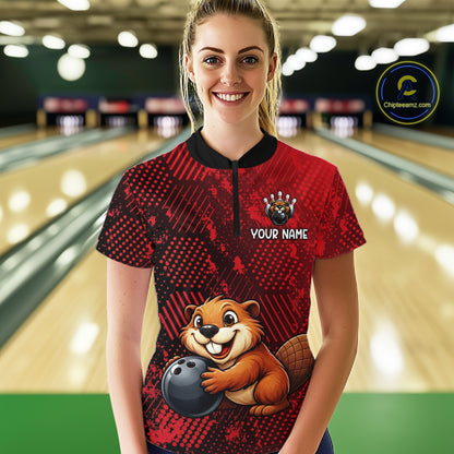Funny Beaver Bowling Shirt for Women Custom Bowling Team Jersey Polo & Quarter-Zip Bowling Performance QZT985