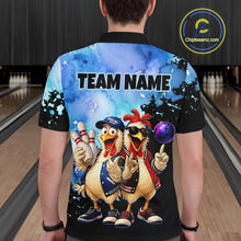 Load image into Gallery viewer, Person wearing a colorful shirt with cartoon chickens and 'TEAM NAME' text in a bowling alley.