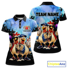 Load image into Gallery viewer, Two polo shirts with cartoon chickens and customizable text on a white background