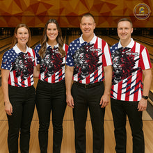 Load image into Gallery viewer, Four people wearing matching American flag-themed shirts in a bowling alley.