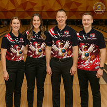 Load image into Gallery viewer, Four people wearing matching bowling shirts with a chicken design on a bowling alley.
