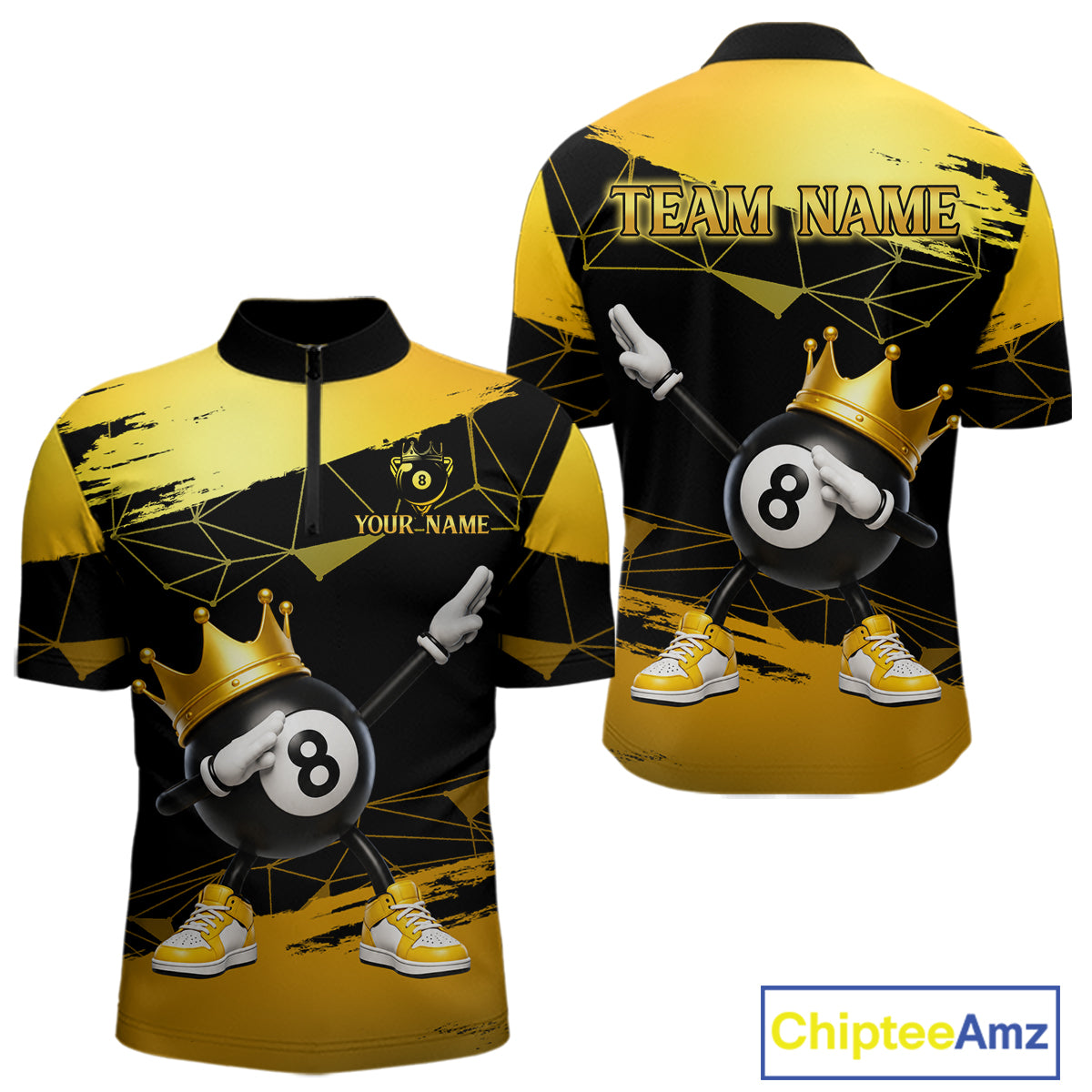 Front and back view custom black and gold geometric crown 8 ball billiard quarter-zip shirt featuring personalized team name design