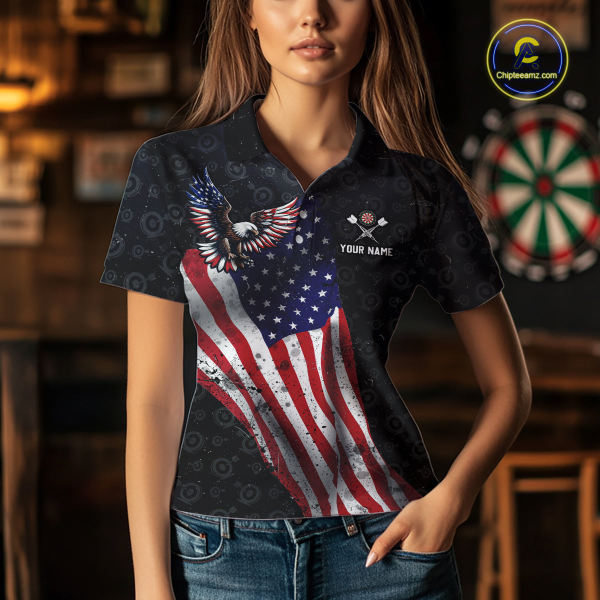 Custom American Eagle Dart Jersey for Women Dartboard Shirt Gift for Dart Players and Teams Polo & 1/4-Zip DHT2
