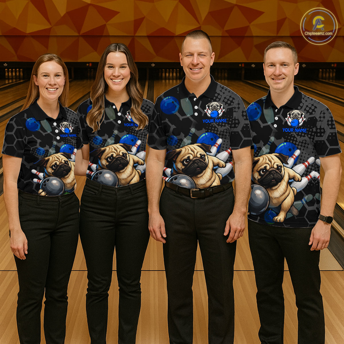 Four people wearing matching bowling shirts with pug designs on a bowling alley.