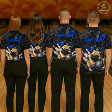 Load image into Gallery viewer, Four people wearing black shirts with pug graphics and 'Team Name' text on a bowling alley background.