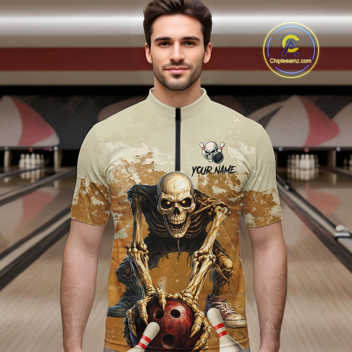 Custom Skeleton Bowling Team Shirt for Men Bowling Jersey Bowling Outfit Polo & Quarter-Zip QZT987