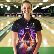 Load image into Gallery viewer, Custom Alien Cat Bowling Team Shirt for Women UFO Bowling League Jersey Polo &amp; Quarter-Zip Bowling Outfit QZT989