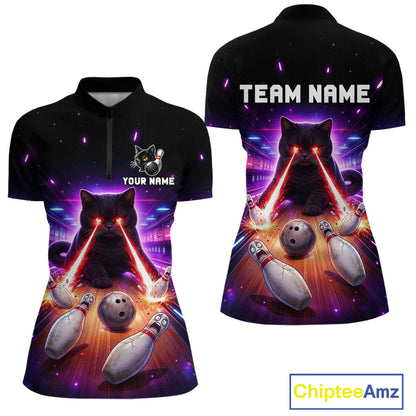 Custom Alien Cat Bowling Team Shirt for Women UFO Bowling League Jersey Polo & Quarter-Zip Bowling Outfit QZT989