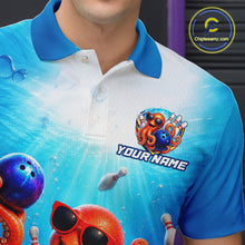 Load image into Gallery viewer, Blue and white polo shirt with colorful design and 'Your Name' text on a person wearing it.